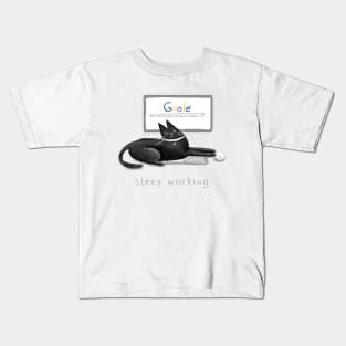 Cartoon black sleeping cat on a laptop and the inscription "Sleep working". Kids T-Shirt